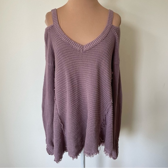 FREE PEOPLE Moonshine Cold Shoulder Waffle Knit Purple V-Neck Sweater Size Small - Picture 3 of 10